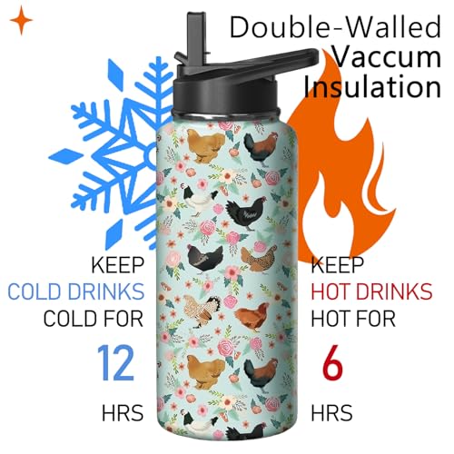 32oz Chicken Water Bottle with Handle and Flip Straw