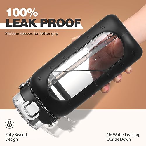 64oz Water Bottle Glass with Stainless Steel Handle Large Water Bottle with Time Markers and Silicone Sleeve Half Gallon Water Jug BPA Free for Gym Daily Use