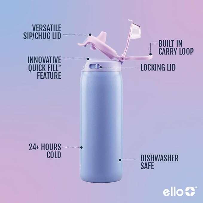Ello Kids Pop & Fill 18oz Stainless Steel Water Bottle with Quick Fill Technology, Double-Wall Vacuum Insulation, Leak Proof Locking Lid, Sip & Chug, BPA Free, Gifts for Girls Boys, Purple Holographic