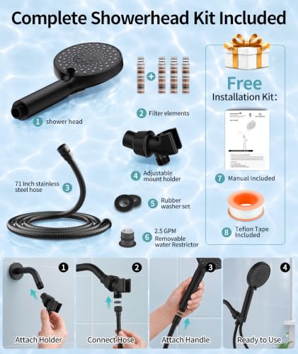 Filtered Shower Head with Handheld High Pressure 9 Spray Mode Showerhead Detachable Shower Head Water Softener Filters Beads for Hard Water Remove Chlorine 4 Filters Matte Black