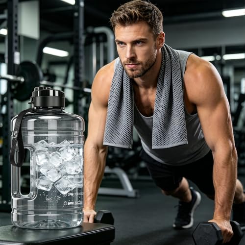 Large Water Bottle with Motivational Time Marker & Straw & Handle