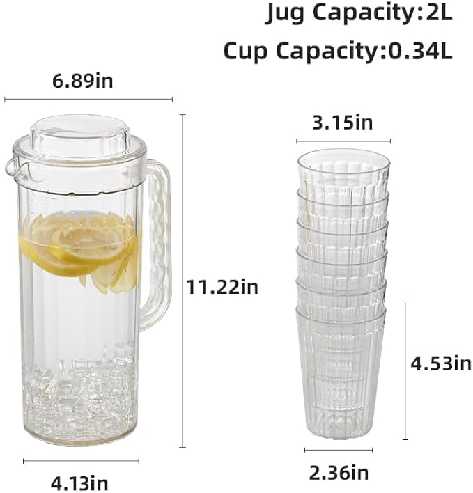 Blue Boat Plastic Picther (64oz) with 6 water cups, Clear Water Pitcher with Lid, Fridge Jug, BPA-Free, Shatter-Proof,BPA-Free, Great for Both Iced and Hot Drinks, Indoors and Outdoors