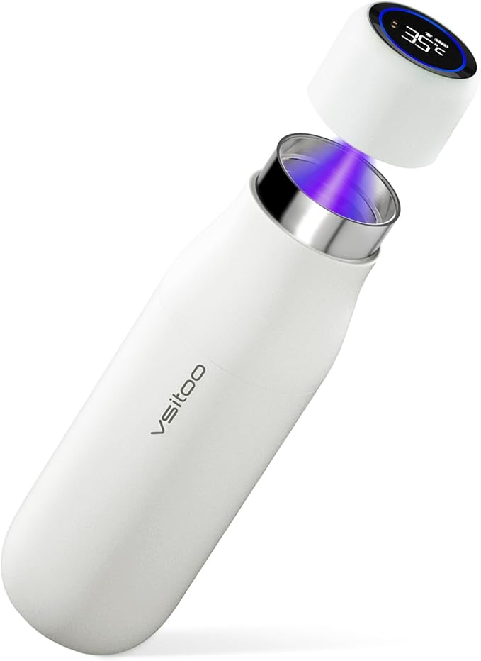 Vsitoo Self Cleaning Water Bottle - 15oz Stainless Steel, AI Self-Clean, 30-Day Battery, Magnetic Charging, BPA-Free for Travel/Gym/Office, No App Needed, White