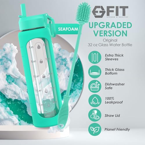 32oz Glass Water Bottle with Straw Lid & Cleaning Brush Set