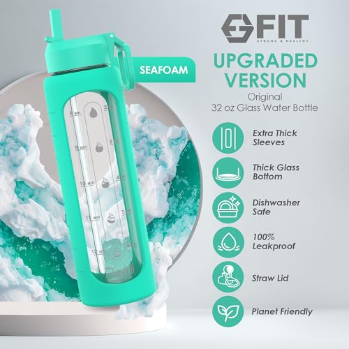 32 oz Glass Water Bottles with Straw Lid & Time Marker