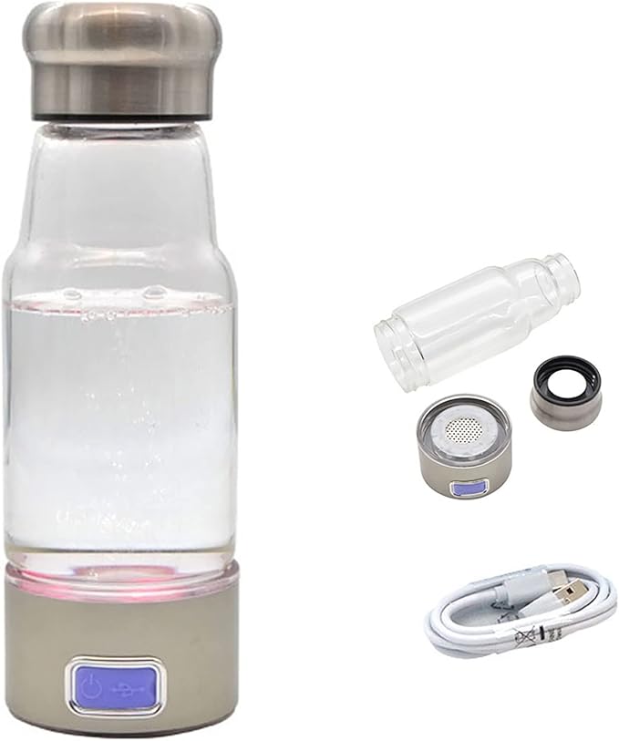 Hydrogen Alkaline Water Bottle Hydrogen Rich Water Generator Ionizer Energy Flask with USB Charging Portable High Concentration Hydrogen Water Glass Bottle for Hiking, Camping 350Ml
