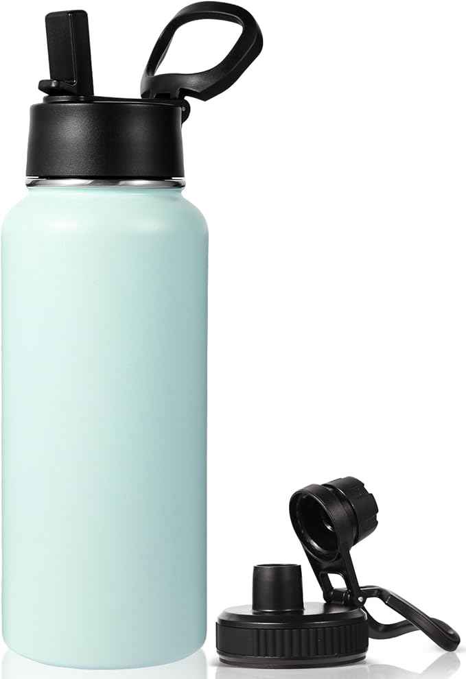 Neihepal 32 oz Insulated Water Bottle with 2 Lids (Straw & Spout Lid), 18/8 Stainless Steel Double Wall Water Bottles for Gym, Travel, Camping, Sports (Fog,1 Pack)