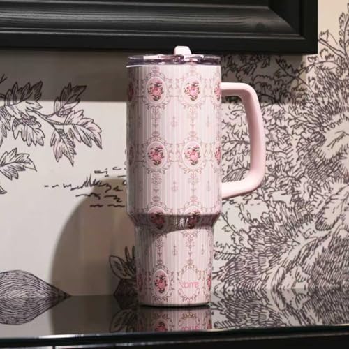 40oz Vintage Floral Tumbler with Handle and Flip Straw
