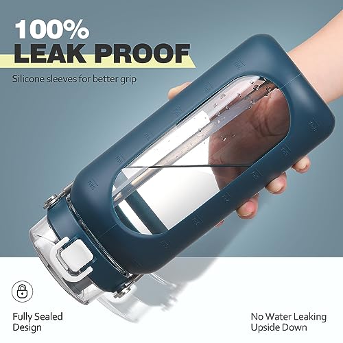 64oz Water Bottle Glass with Stainless Steel Handle Large Water Bottle with Time Markers and Silicone Sleeve Half Gallon Water Jug BPA Free for Gym Daily Use