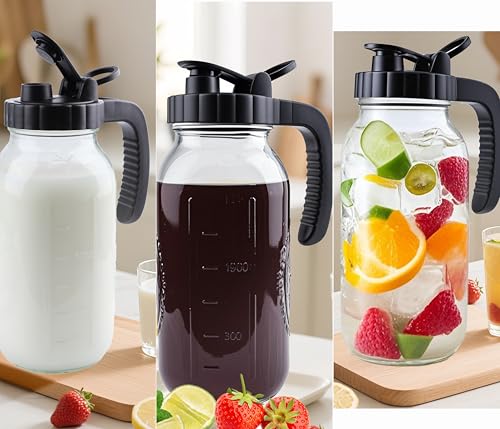 Glass Mason Jar Pitcher With Lid 2 Quart Sun Tea Glass Pitcher 64 Oz Wide Mouth Half Gallon Hot Cold Water Coffee Jug Carafe For Fridge Lemonade