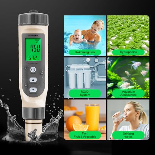 3-in-1 Digital pH Meter with ATC, ±0.1 pH Accuracy Water Quality Tester, 0-14.0 pH Measurement Range for Hydroponics, Household Drinking, Pool and Aquarium
