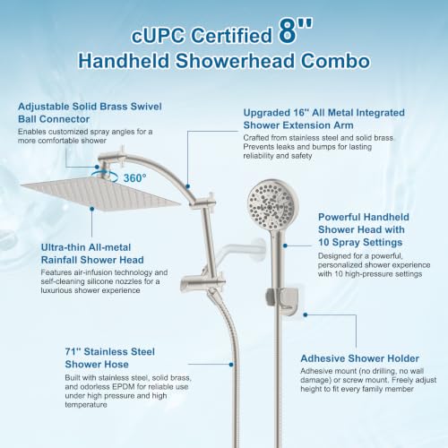 All Metal 8" High Pressure Rain Shower Head Combo