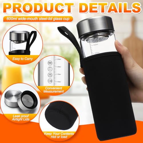6 Pack 20 Oz Wide Mouth Glass Juice Bottles Glass Water Bottles with Lids and Sleeve for Juicing Smoothies Milk Protein Infused Water Reusable Leakproof Borosilicate Bottle (6 Count)