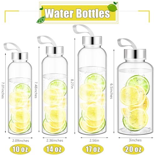20 Pcs Reusable Clear Water Bottles Bulk with Stainless Steel Leak Proof Lids Sports Bottles with Nylon Camying Strap for Party Gift Water Milk Smoothie Juice Beverage