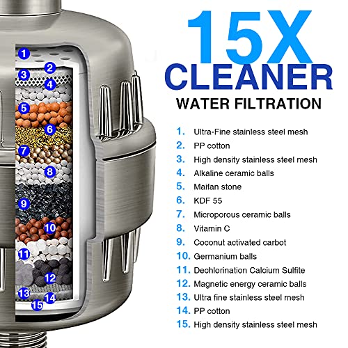 Brushed Nickel Shower Filter 15 Stages Shower Head Filter for Hard Water