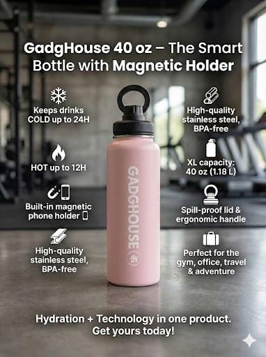 GadgHouse 40oz Stainless Steel Water Bottle with Magnetic Phone Holder