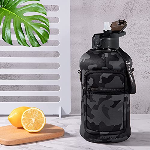 Half Gallon Water Bottle with Sleeve 64 OZ Water Bottle with Handle & Straw Leakproof Motivational Sports Gym Water Bottle with Time Marker BPA Free Water Jug with Neoprene Holder