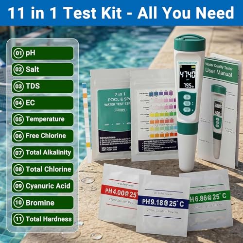 11-in-1 Digital Pool Water Tester Kit Including 5-in-1 Salt Tester for Saltwater Pool & 7-in-1 Pool Test Strips(50 Strips), Test pH Salinity TDS EC Temp Chlorine Bromine Alkalinity Hardness