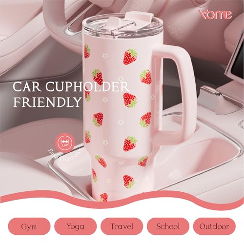 40oz Strawberry Tumbler with Handle and Flip Straw