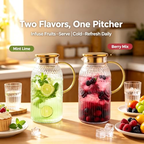 Glass Pitcher with Lid 68oz 2L Vintage Water Carafe Beverage 1Pack