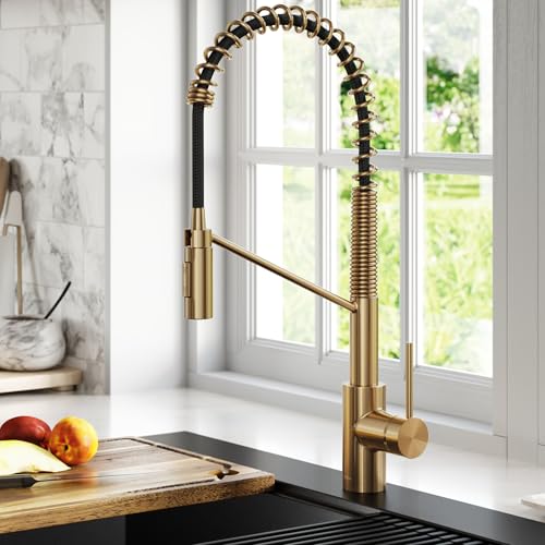 Oletto Commercial Style Single Handle Pull Down Kitchen Faucet with QuickDock Top Mount Installation Assembly in Brushed Brass