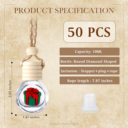 50 Pcs Hanging Car Air Freshener Car Diffuser Bottles Bulk Christmas Empty Glass Perfume Bottle Freshener Clear Diffuser Bottle Pendant for Essential Oil Fragrance Aromatherapy Bottles Ornament (50 Count)