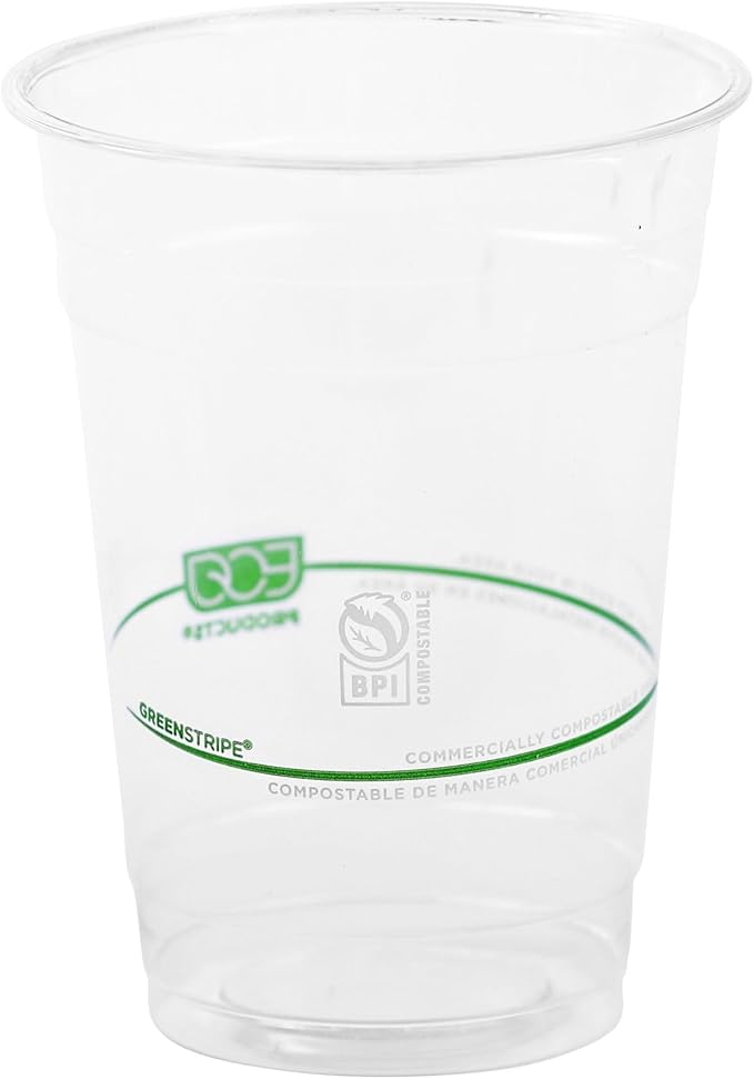 ECO PRODUCTS GreenStripe Clear Compostable 16oz PLA Plastic Cups, Pack of 50, Disposable Renewable Plant-Based Cold Cups, For Cold Drinks & Snacks, BPI Certified, ASTM Compliant.