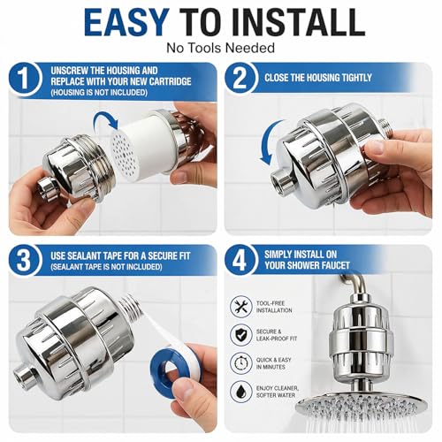 15 Stage Shower Filter Replacement Cartridge 4 Pack for Hard Water (4 Count)