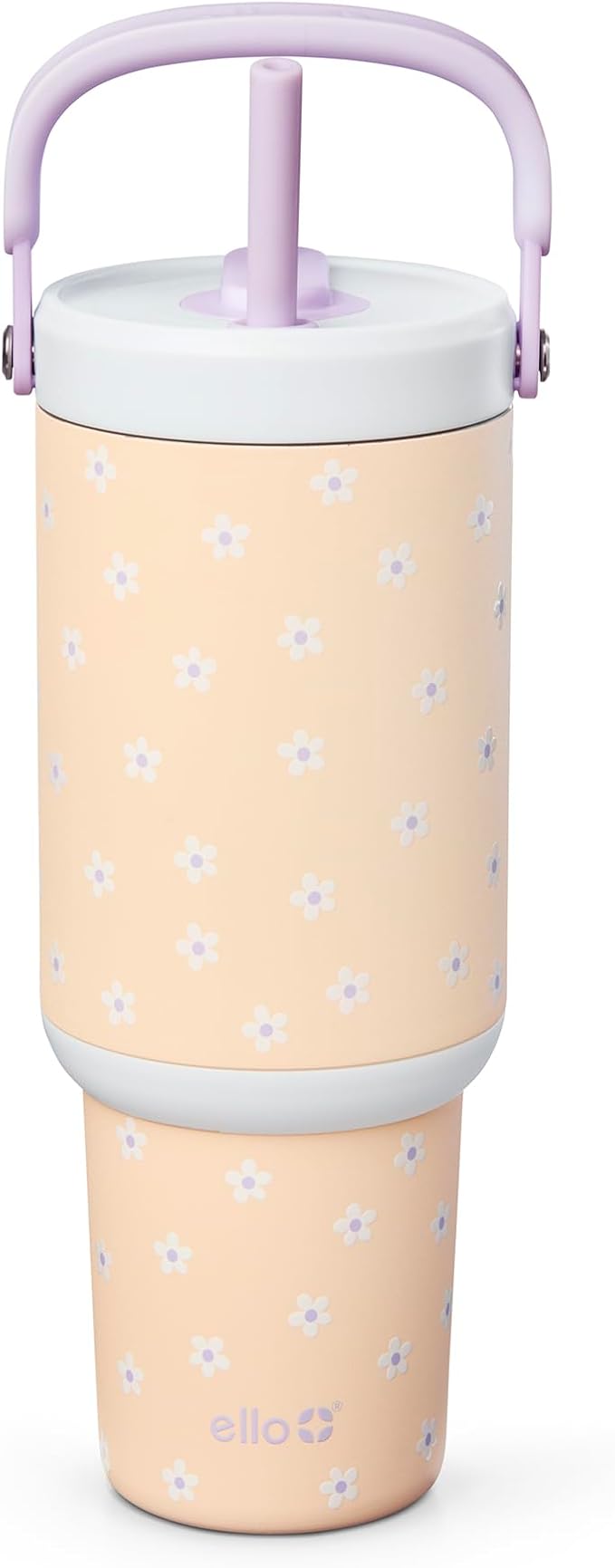 Ello Oasis Go+ 32oz Tumbler with Top Handle and Retracting Straw | Reusable Insulated Stainless Steel Cup, 100% Leakproof Water Bottle, 24 Hours Cold, Cup Holder Friendly For Travel | Daisies