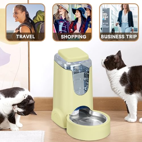 Portable Automatic Cat Feeder and Water Dispenser with Stainless Steel Bowl Dog Gravity Food Feeder and Waterer for Small Medium Pets Puppy Kitten 1 Gallon x 2