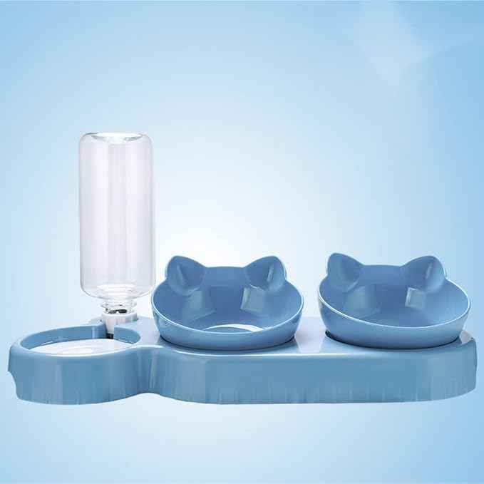 Triple Cat Bowls for Food and Water, Plastic Raised Cat Dishes, Automatic Water Bottle 3 in 1 Pet Bowls 2 Food Bowls and Water Feeder Set Wet Dry Food Bowl Set for Cats Puppy Small Dogs (Navy Blue)