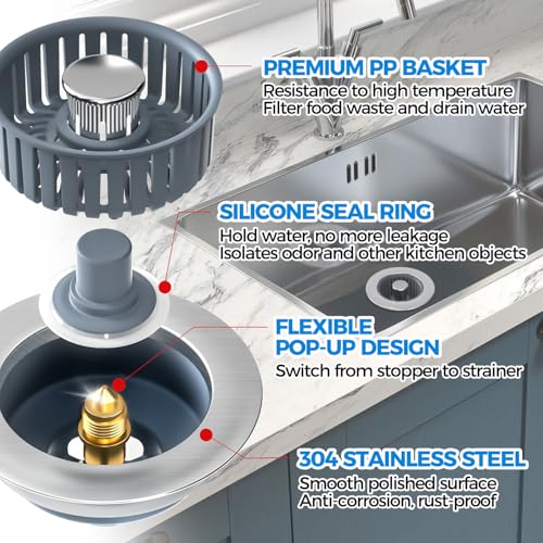 3 in 1 Kitchen Sink Drain Strainer Stopper Removable Basket Pop (2 Count)