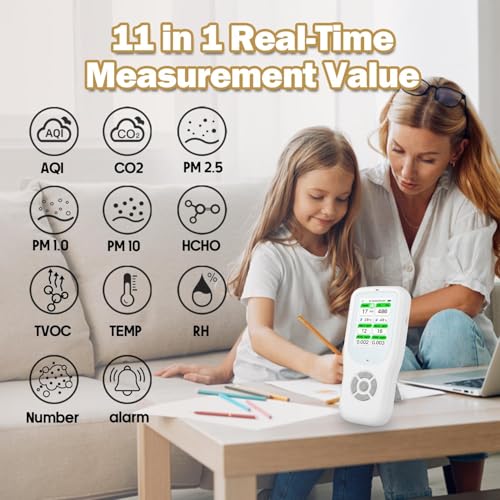 11-in-1 Air Quality Monitor - Portable Indoor Air Quality Detector with Stand, Real-Time Test for AQI, CO2, PM2.5, PM1.0, PM10, TVOC, HCHO, Particles, Humidity & Temperature