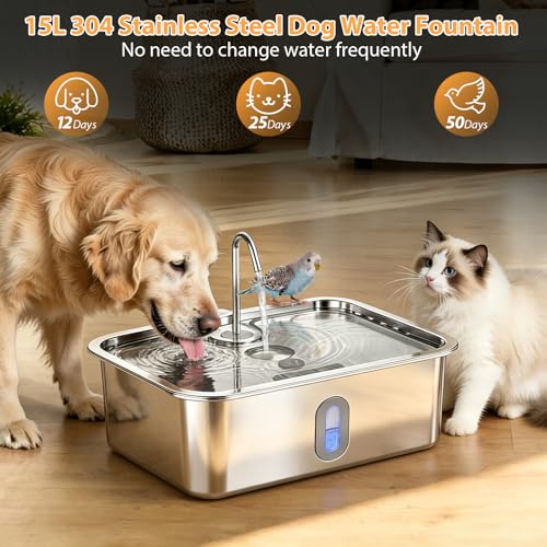 15L 4Gal Stainless Steel Dog Water Fountion Pet Fountain (50 Pound)