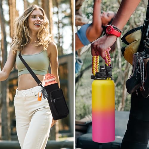 32/40/64OZ Insulated Water Bottle - Keep Cold 48H Hot 24H, Combo Straw/Spout Lids, Paracord Handle for Gym/Hiking, Carrier Bag +Strap, Cup Mat, BPA-Free Stainless Steel Flask Jug (40 Count)