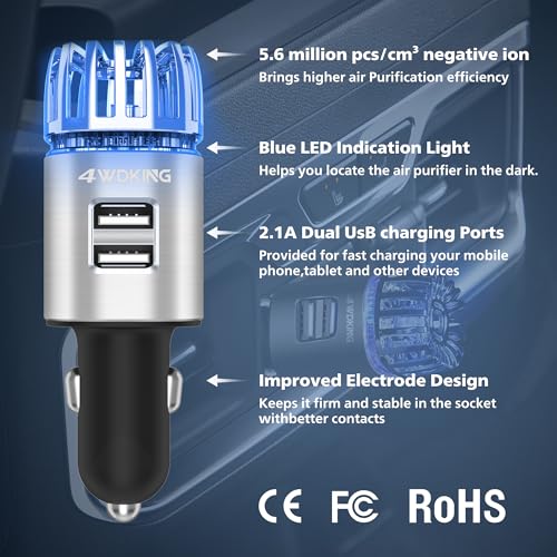 Car Air Purifier Ionizer with Dual USB Charger Remove Smoke