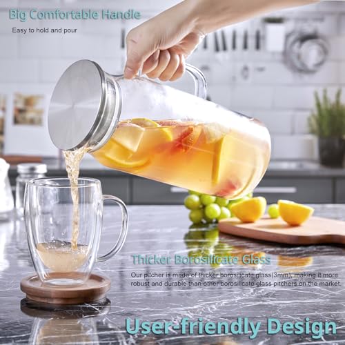 2 Pack 2 Liter 68 oz 2.1 Qt Glass Pitcher with Lid and Handle (2 Count)