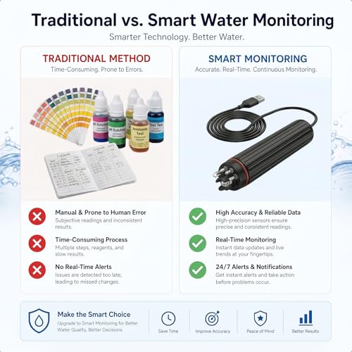 Smart 7-in-1 Water Quality Monitor with LoRa Technology: Remote WiFi pH TDS EC ORP SG Salinity Temp Meter with App Alerts, Reliable Signal for Aquariums, Hydroponics and Koi Ponds