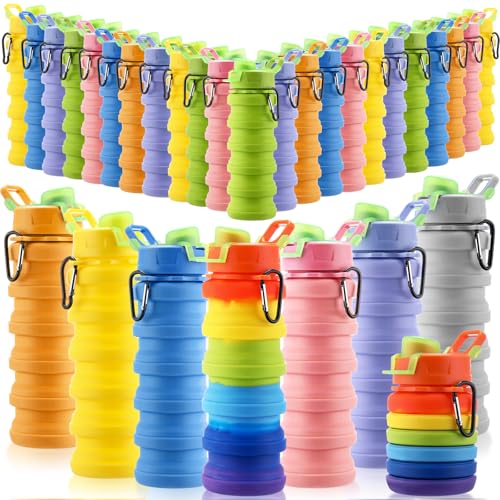 30 Pack Collapsible Water Bottles Bulk Foldable Water Bottles 17oz Silicone Portable Leak Proof Reusable Sports with Clip for Travel Hiking Camping Outdoor (30 Count)