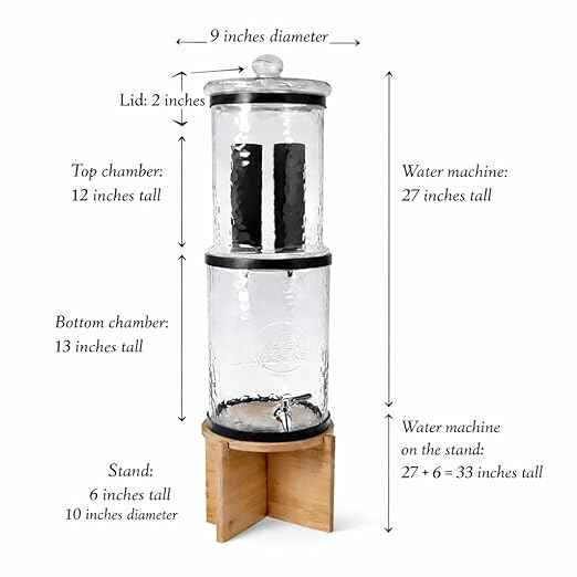 The Water Machine All Glass Purifier - Gravity Fed Water Filtration System with Activated Carbon Filters, Off Grid Emergency & Home Survival Portable Countertop Filter with Wooden Stand - 3 Gallon