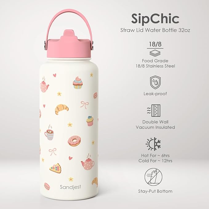 Baking Gift for Women, Water Bottle Stainless Steel 32oz with Lid & Straw, Sweets Aesthetic Insulated Bottles Gifts for Baker Girls Friends Teens Birthday Christmas