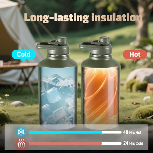 64oz Tactical Insulated Water Bottle with 3 Lids & MOLLE Pouch