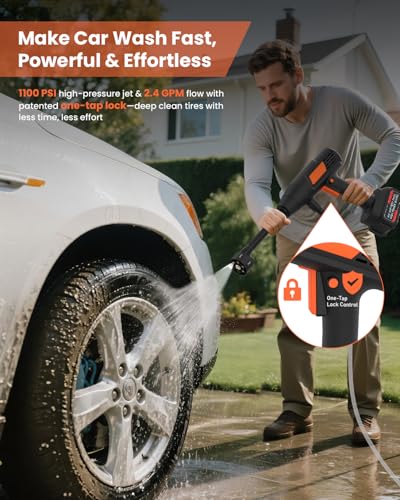 Cordless Pressure Washer Battery Powered 1100PSI Portable Power Washer Gun with 6
