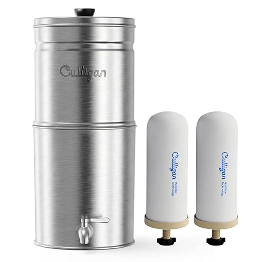 Culligan MaxClear 3 Gallon Gravity Water Filter System, Brushed Stainless-Steel Countertop Water Filter NSF/ANSI Certified to Reduce Microplastics, Lead & Total PFAS, with 2 Ceramic Filters