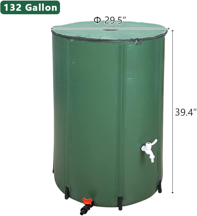 132 Gallon Collapsible Rain Barrel, Portable Water Storage Tank, Foldable Rainwater Collect System Downspout, Water Catcher Container with Filter, Spigots Overflow Kit (Green,132 Gallon)