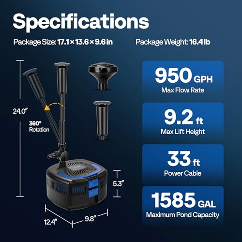 4-in-1 Pond Filter Fountain Kits, 950 GPH Water Pump for Pond