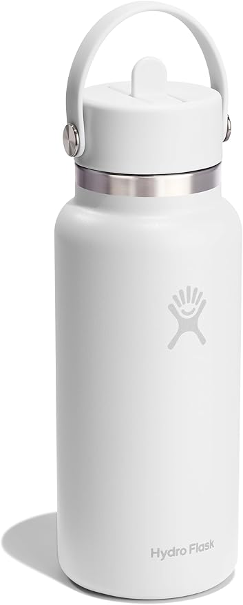Hydro Flask Water Bottle - Insulated Stainless Steel - Wide Mouth Flex Straw Lid, Non Spill, Leakproof and Refillable in 32 Oz Tonal White