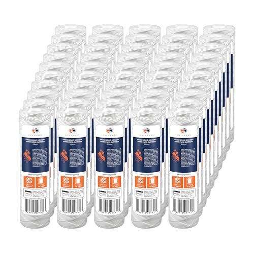Whole House 5 Micron 10 x 2.5 String Wound Sediment Water Filter Cartridge Replacement Compatible with Well Water Filter WHKF (50 Count)