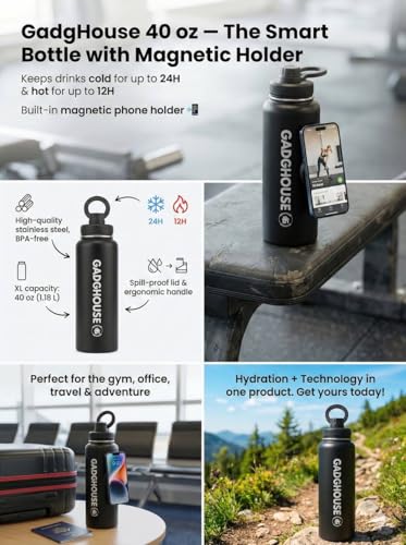 GadgHouse 40oz Stainless Steel Water Bottle with Magnetic Phone Holder