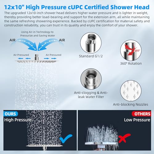 All Metal 12'' Rain Shower Head with 16'' Extension Arm